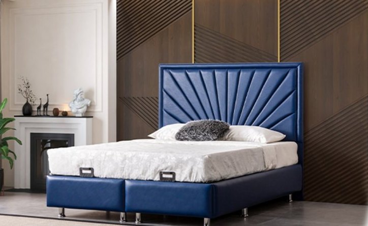 Blaues Leder-Boxspringbett mit Strahlen-Kopfteil